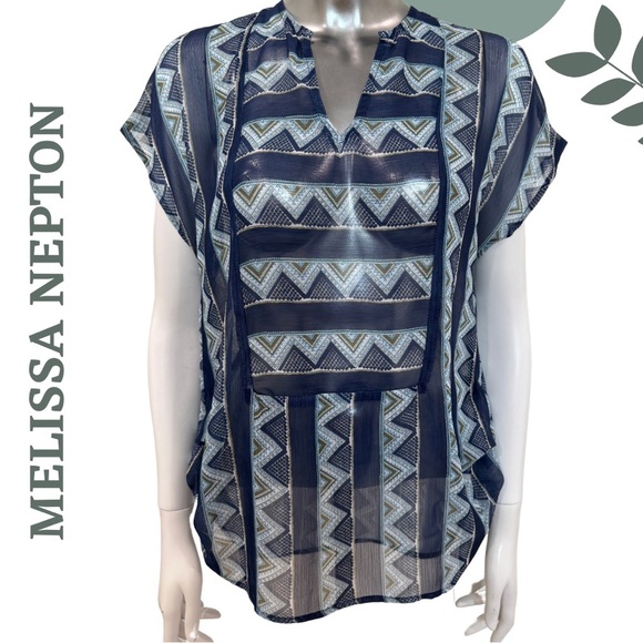 Boho Chic Ethnic Print Blouse by Melissa Nepton | Semi Sheer Short Sleeve | XS - Picture 1 of 7